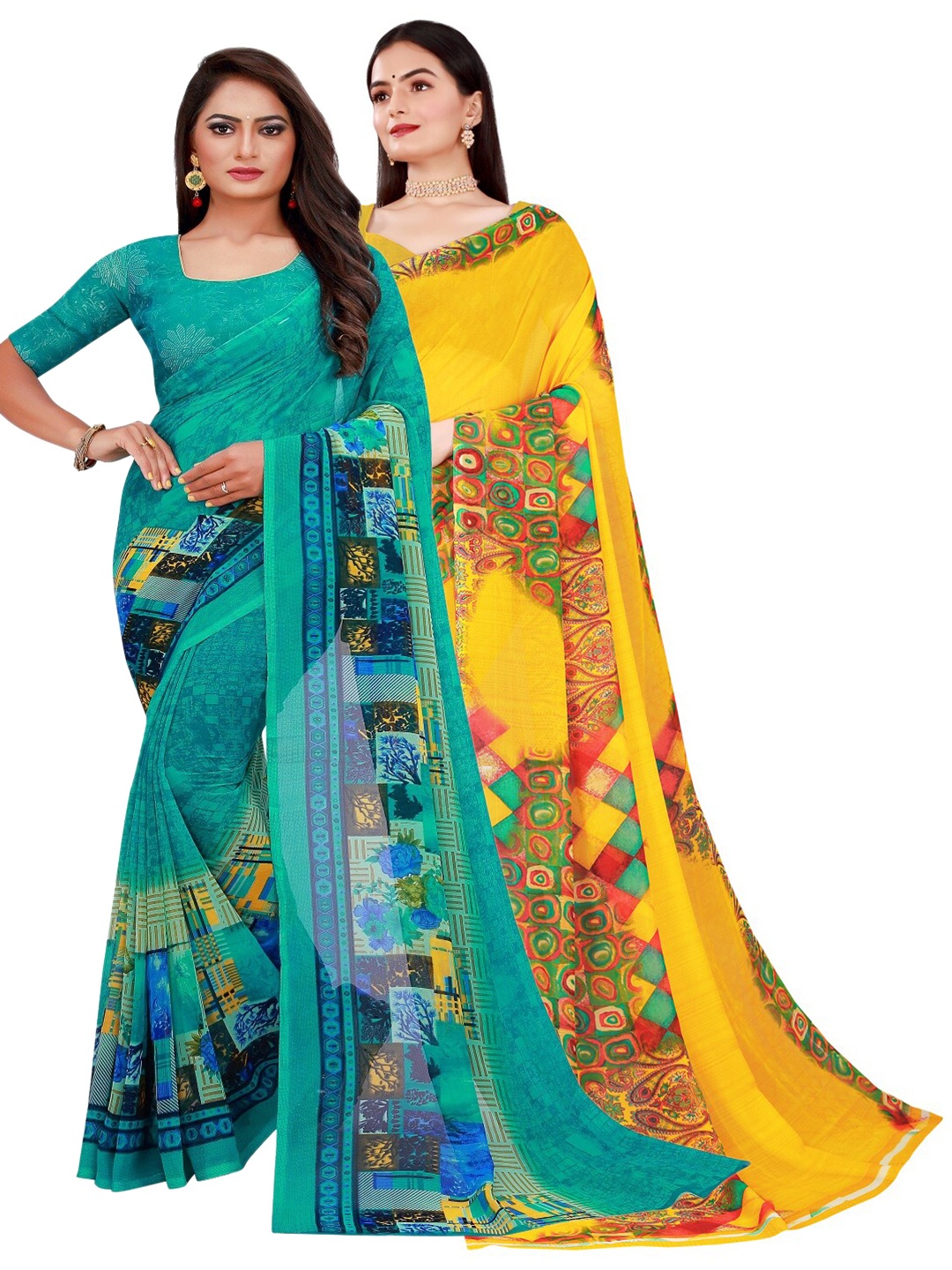 

SAADHVI Pack of 2 Green & Yellow Pure Georgette Saree