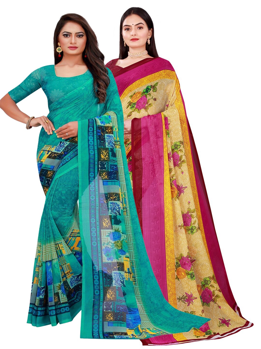

SAADHVI Pack of 2 Green & Pink Pure Georgette Saree