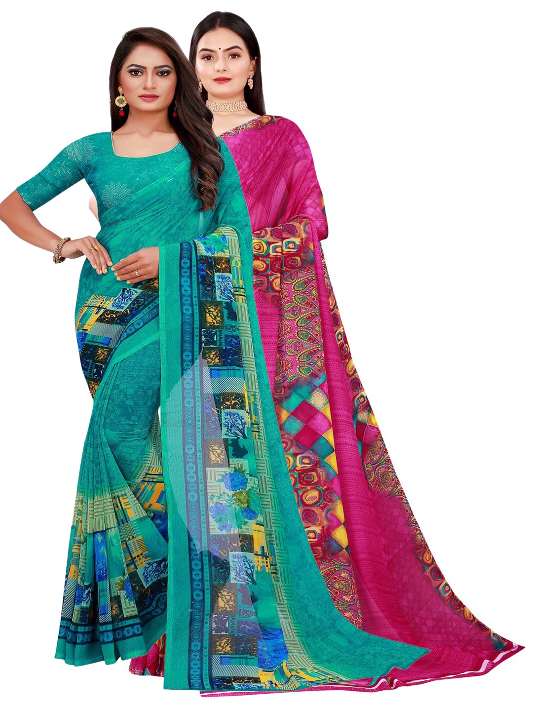 

SAADHVI Pack of 2 Printed Pure Georgette Saree, Green