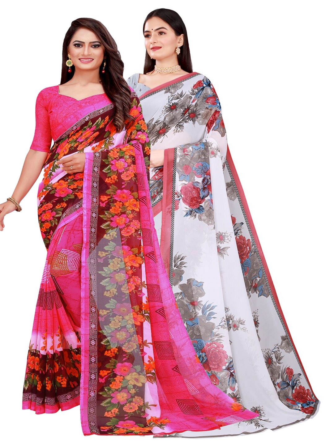 

SAADHVI Pack of 2 Pink & White Pure Georgette Saree