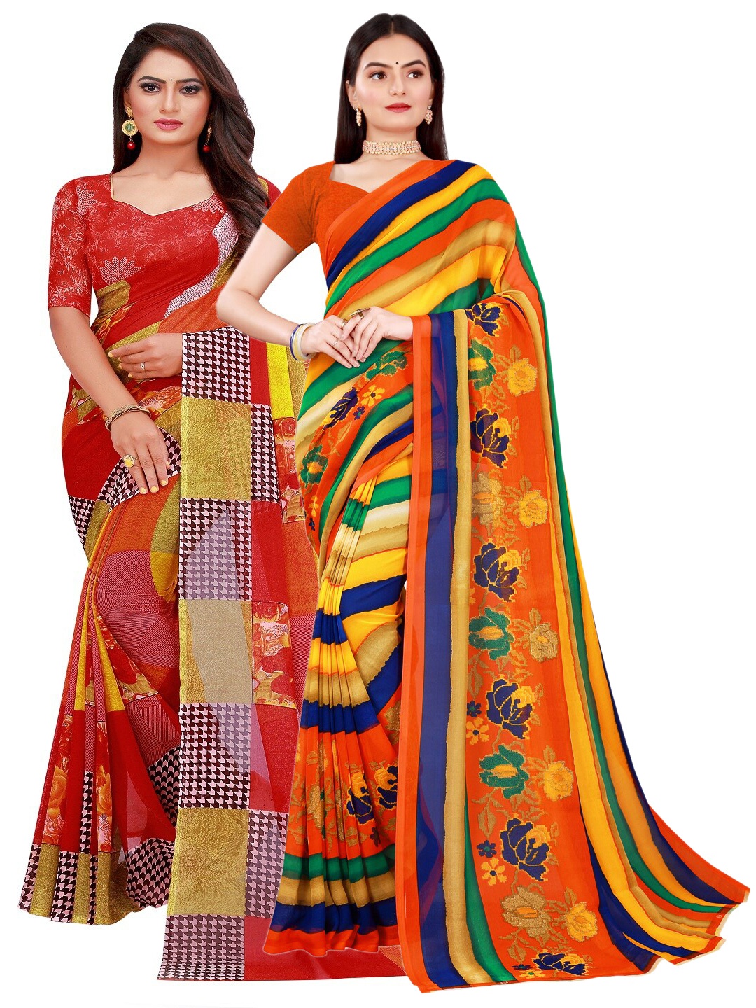 

SAADHVI Pack of 2 Red & Orange Pure Georgette Saree