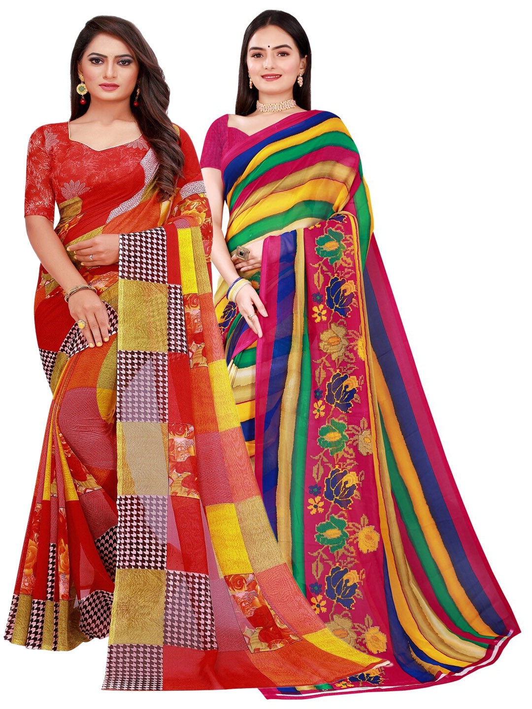 

SAADHVI Pack of 2 Printed Pure Georgette Saree, Red