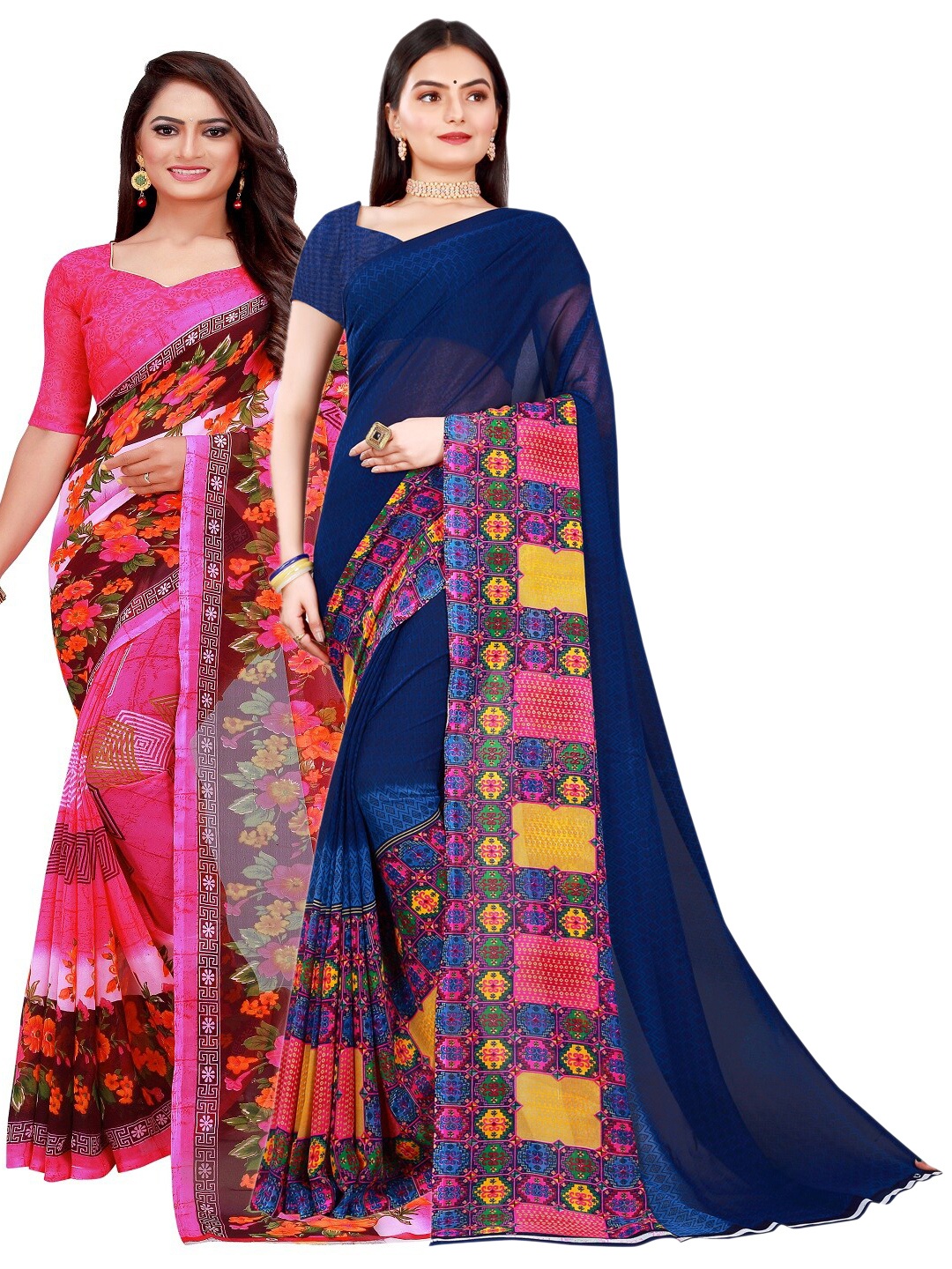 

SAADHVI Pack of 2 Printed Pure Georgette Saree, Pink