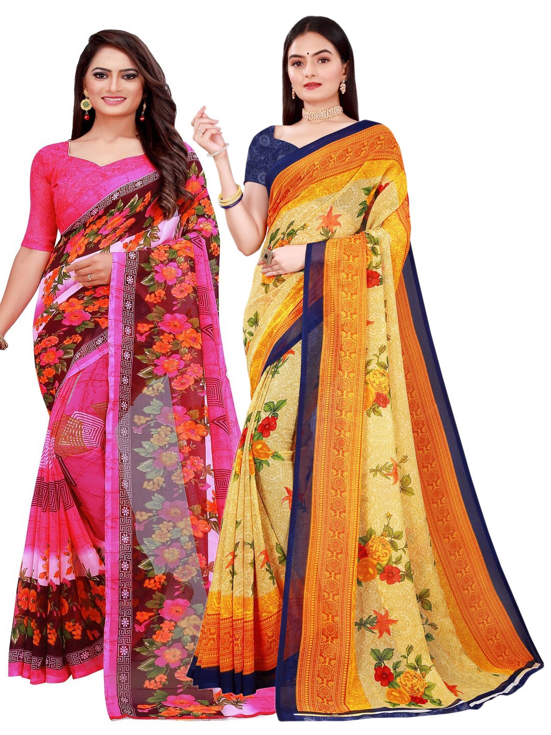 

SAADHVI Pack of 2 Printed Pure Georgette Saree, Pink