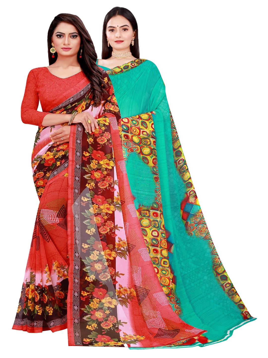 

SAADHVI Pack of 2 Peach-Coloured & Teal Pure Georgette Saree