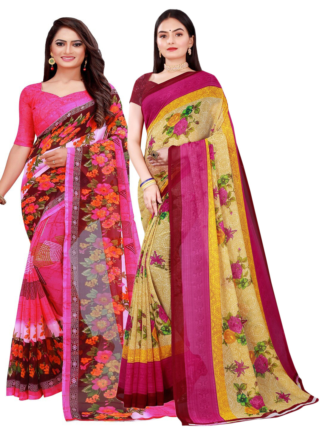 

SAADHVI Women Pack Of 2 Pink & Green Floral Pure Georgette Saree