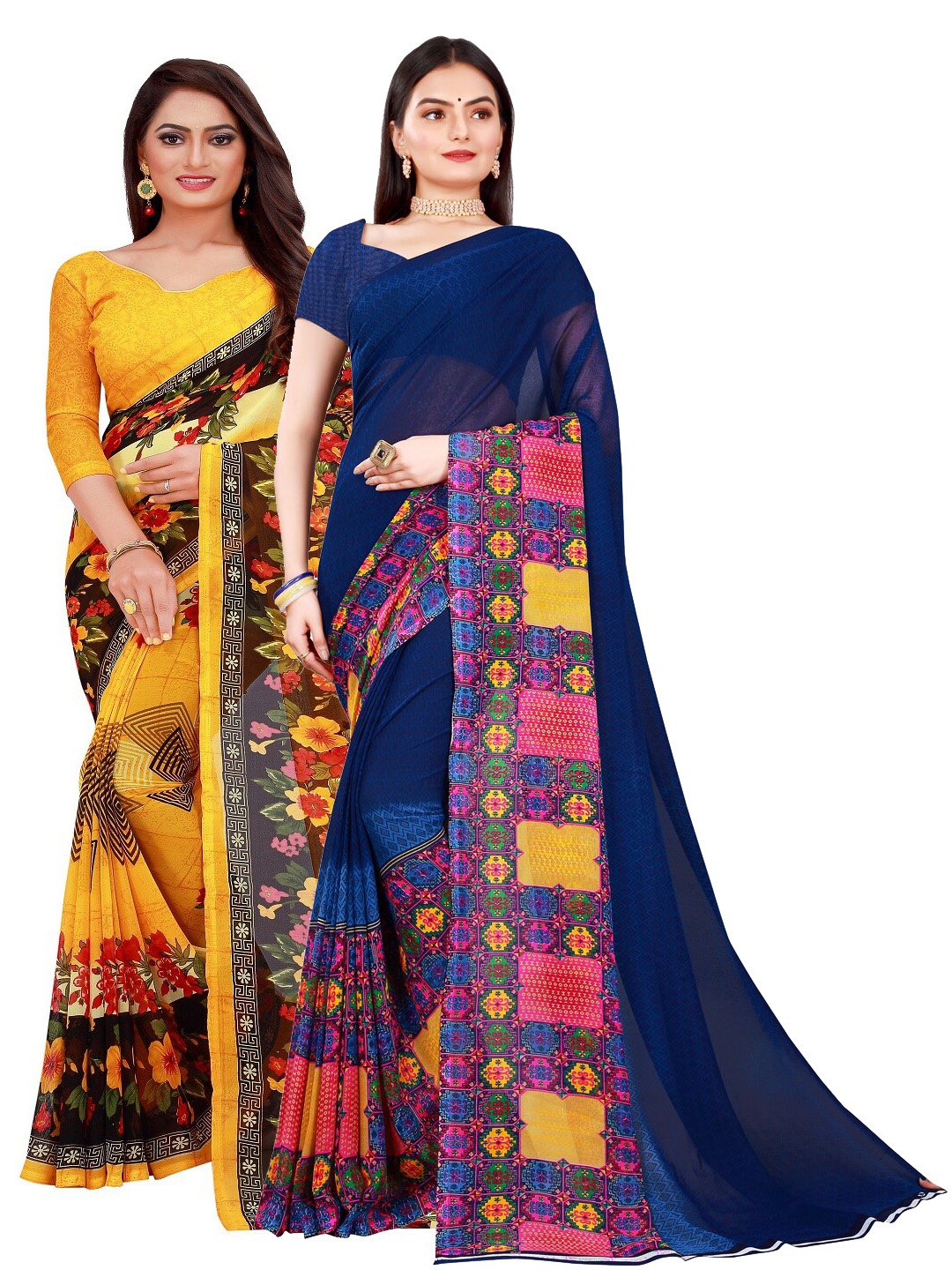 

SAADHVI Pack of 2 Yellow & Blue Pure Georgette Saree