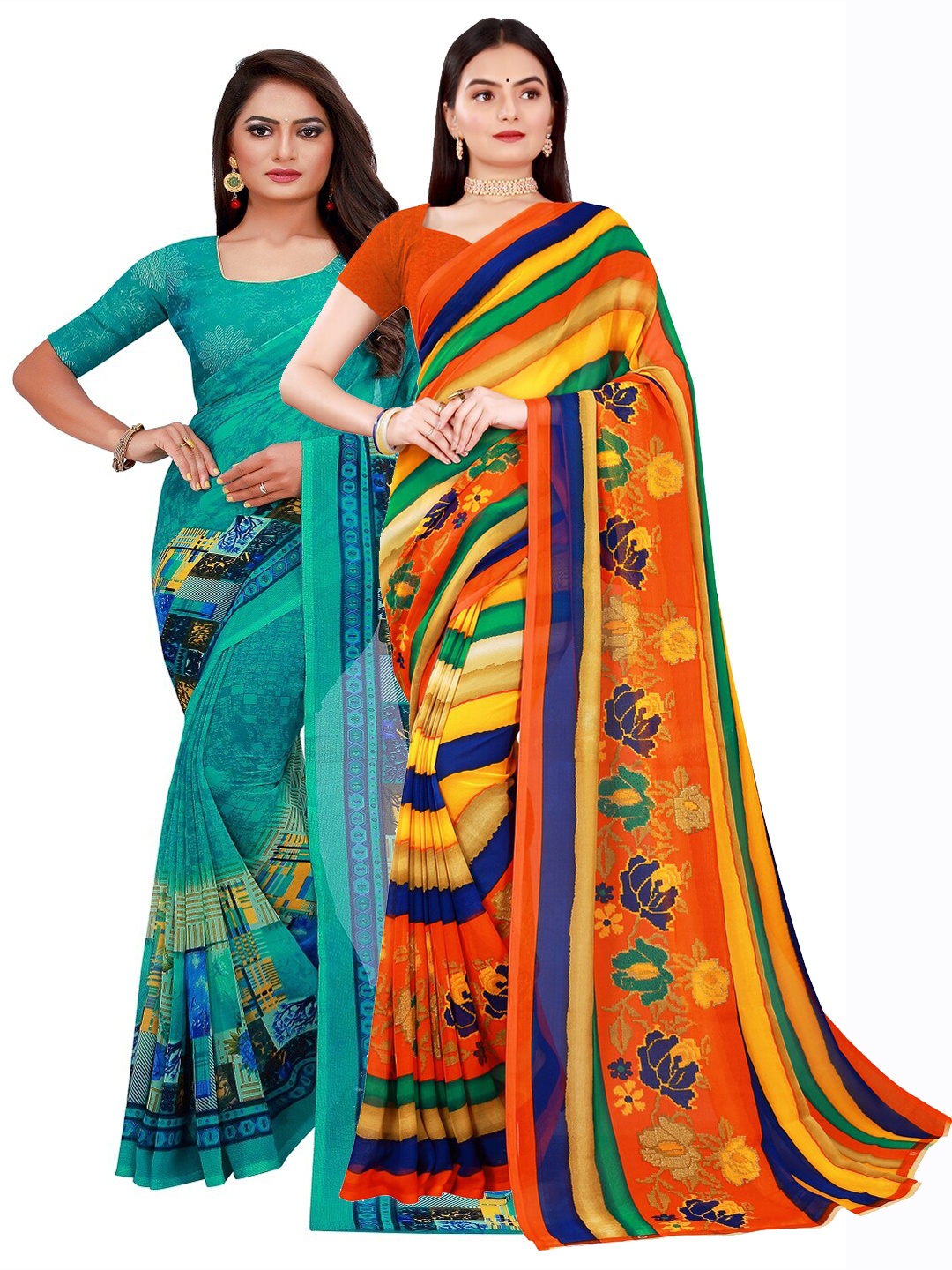 

SAADHVI Pack of 2 Printed Pure Georgette Saree, Green