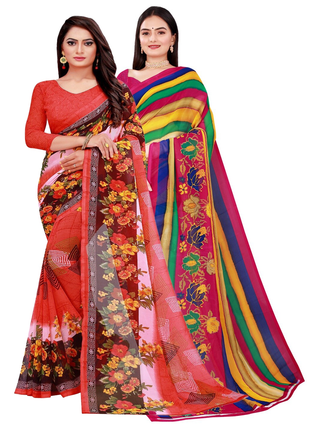 

SAADHVI Pack of 2 Printed Pure Georgette Saree, Red