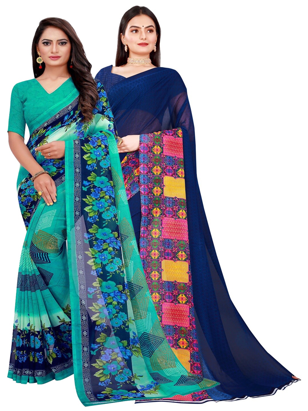 

SAADHVI Pack of 2 Printed Pure Georgette Saree, Green