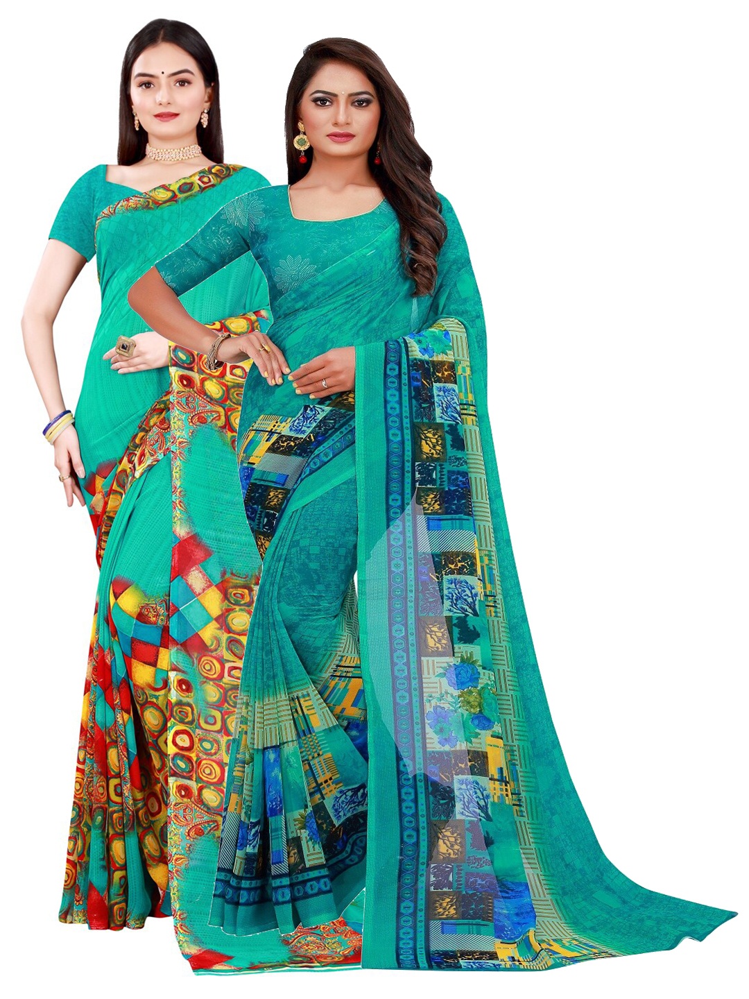 

SAADHVI Pack of 2 Green & Red Floral Pure Georgette Saree