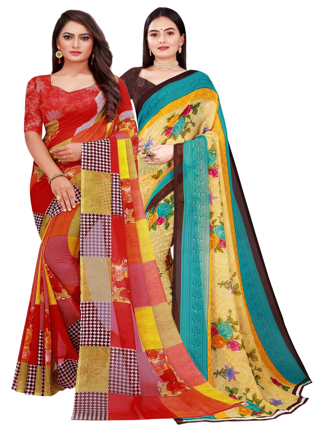 

SAADHVI Pack of 2 Red & Beige Pure Georgette Saree