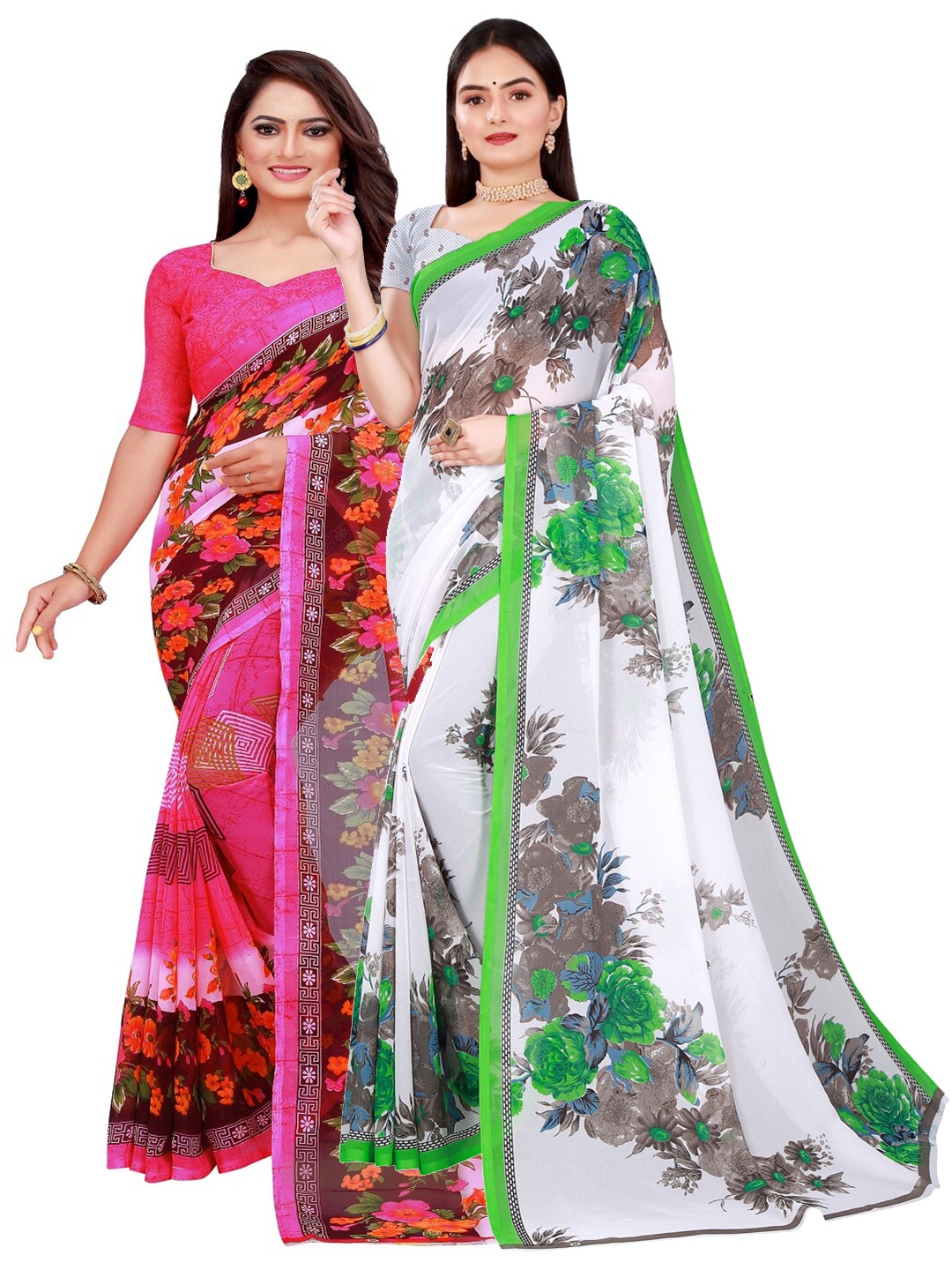 

SAADHVI Pack of 2 Pink & White Floral Pure Georgette Saree