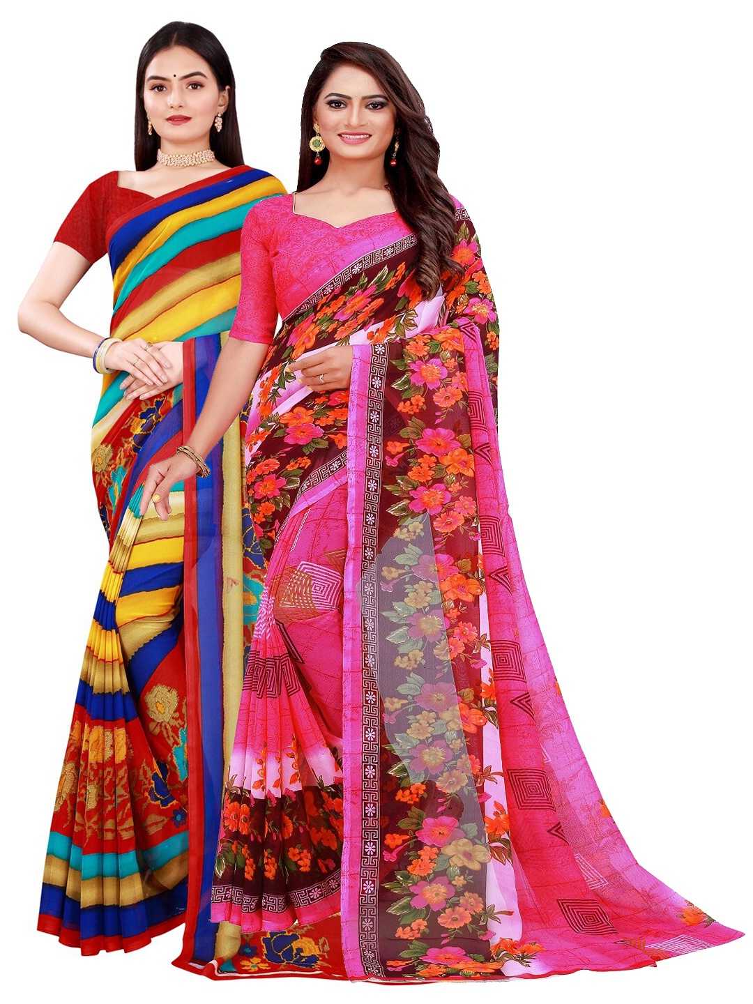 

SAADHVI Pack of 2 Printed Pure Georgette Saree, Pink