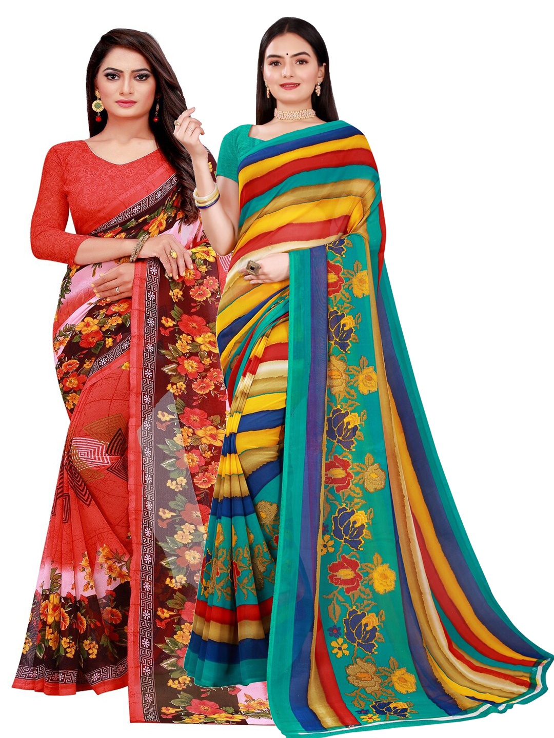 

SAADHVI Pack of 2 Peach-Coloured & Turquoise Blue Pure Georgette Saree