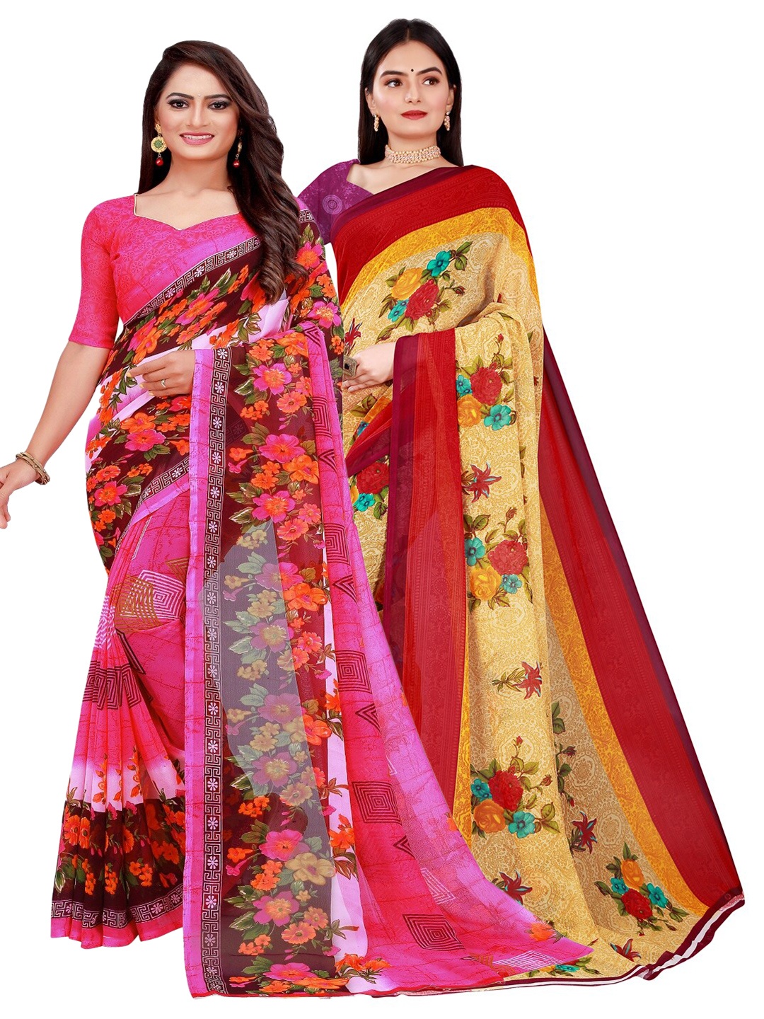 

SAADHVI Pack of 2 Pink & Red Pure Georgette Saree