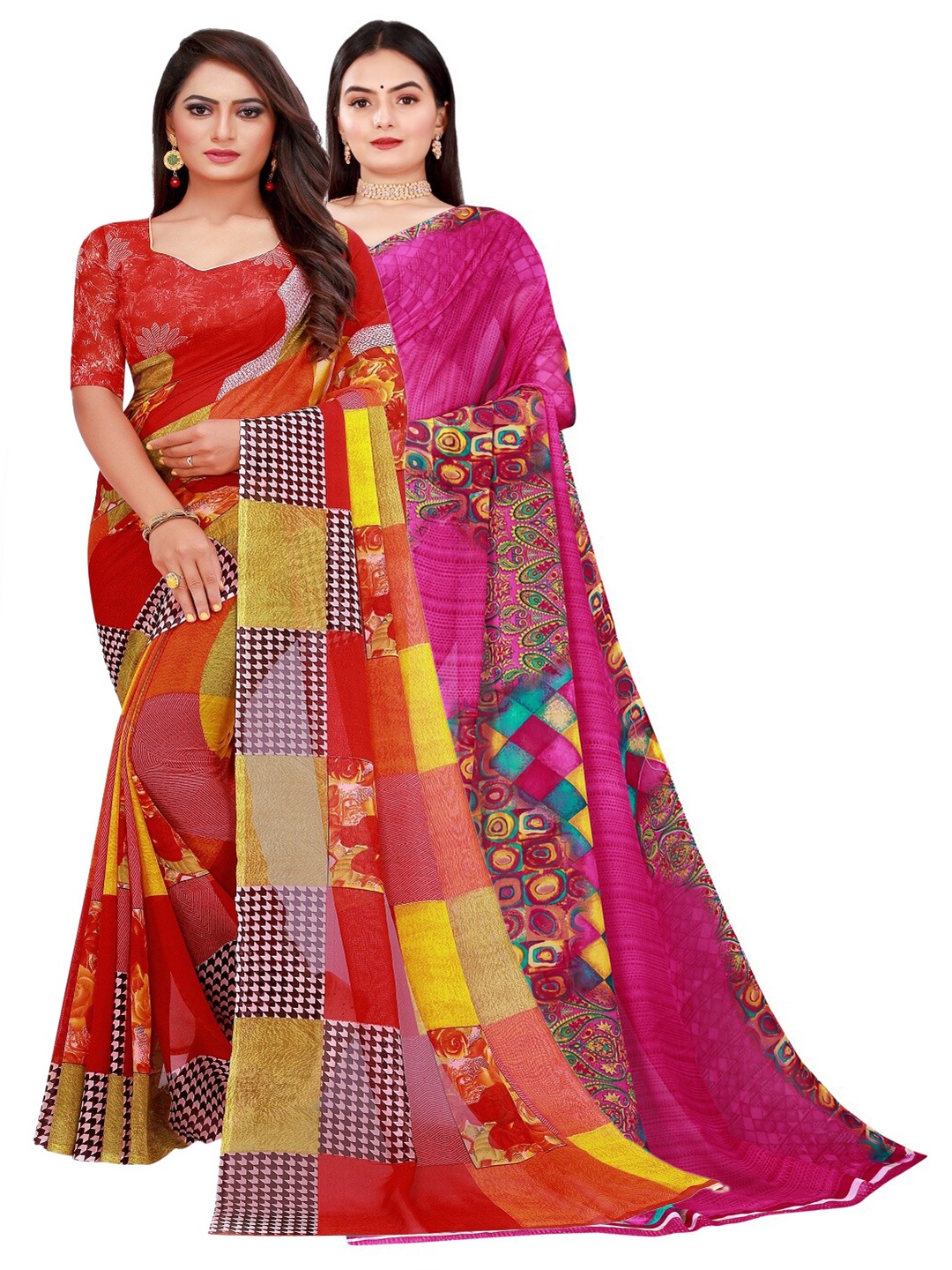 

SAADHVI Pack of 2 Red & Pink Pure Georgette Saree