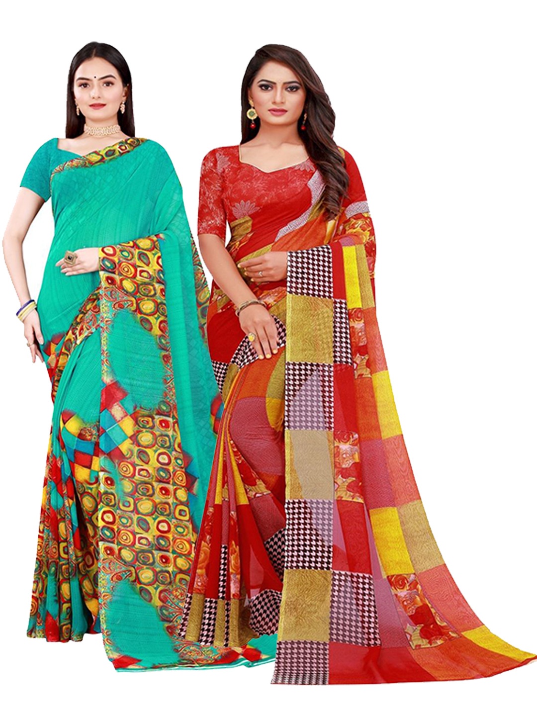 

SAADHVI Pack of 2 Red & Green Pure Georgette Saree