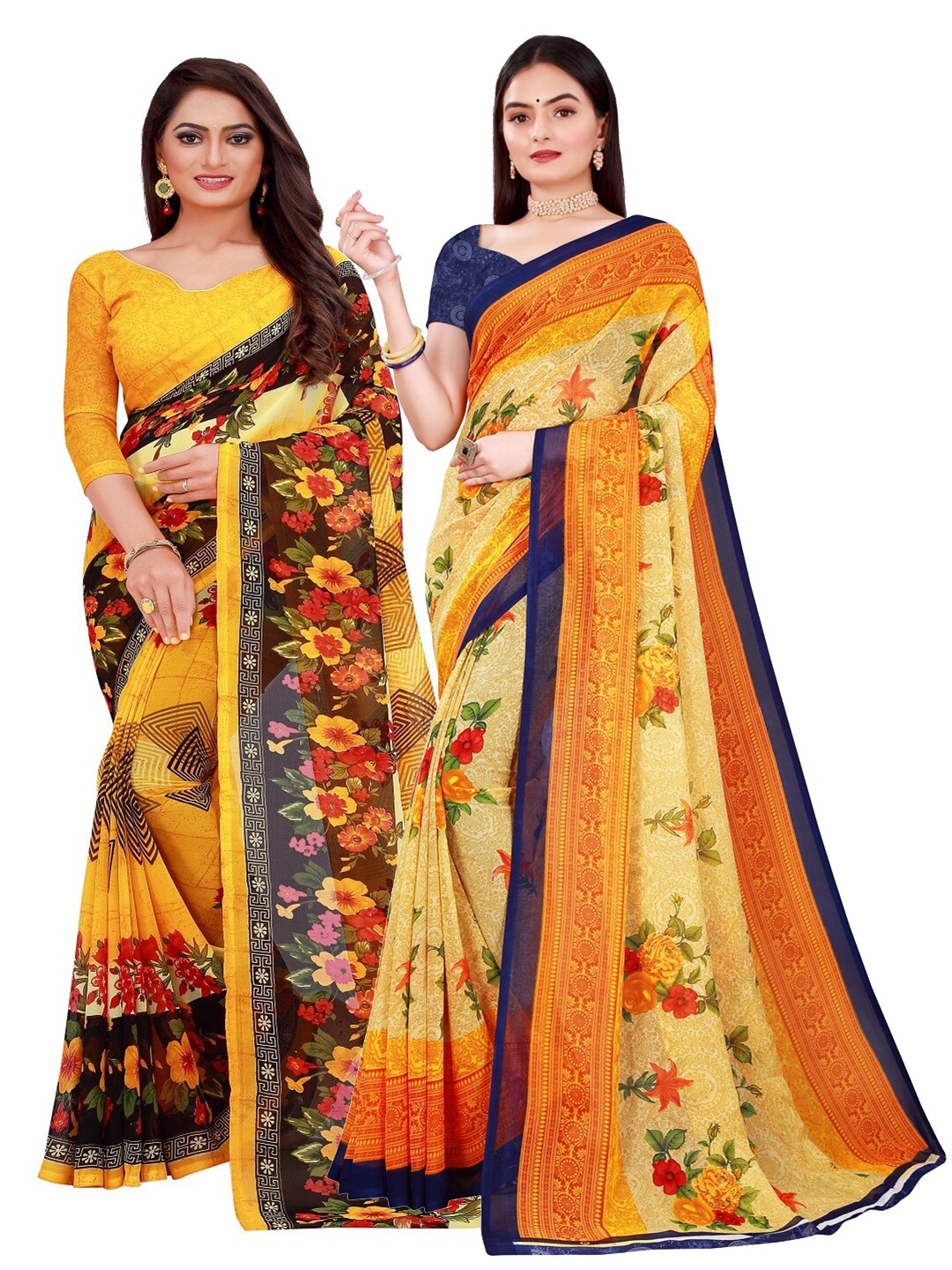 

SAADHVI Pack of 2 Printed Pure Georgette Saree, Yellow