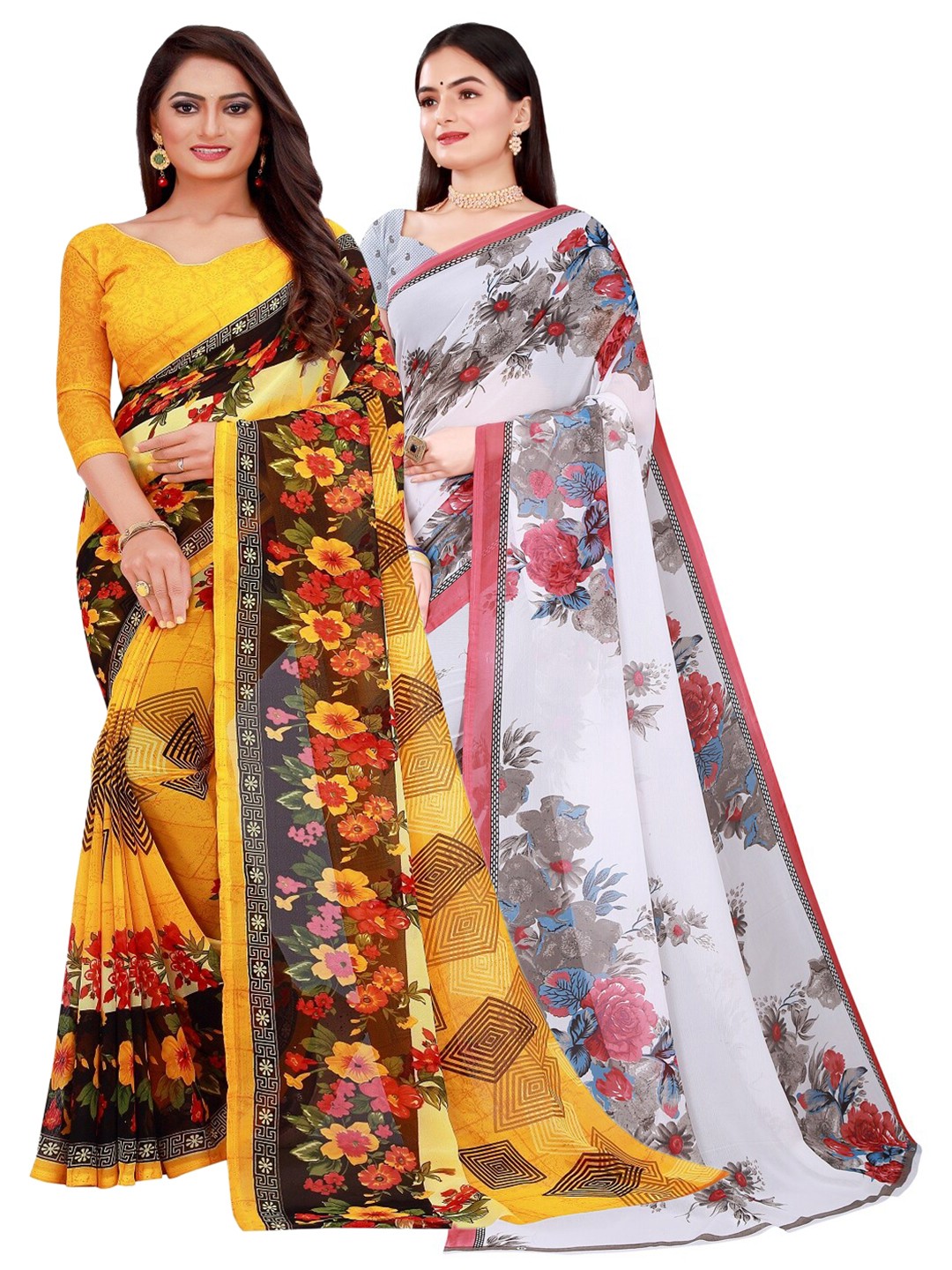 

SAADHVI Pack of 2 Yellow & White Pure Georgette Saree