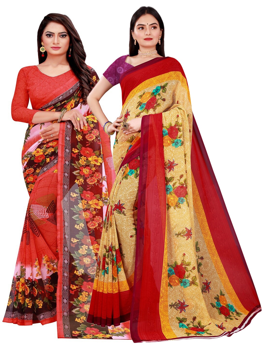 

SAADHVI Pack of 2 Peach-Coloured & Red Pure Georgette Saree