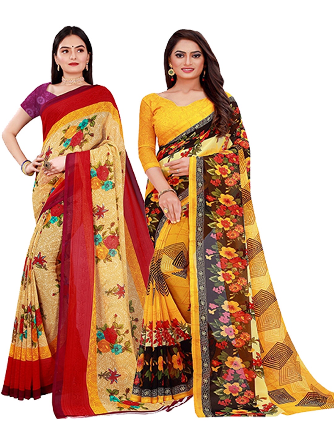 

SAADHVI Pack of 2 Yellow & Red Floral Printed Pure Georgette Saree
