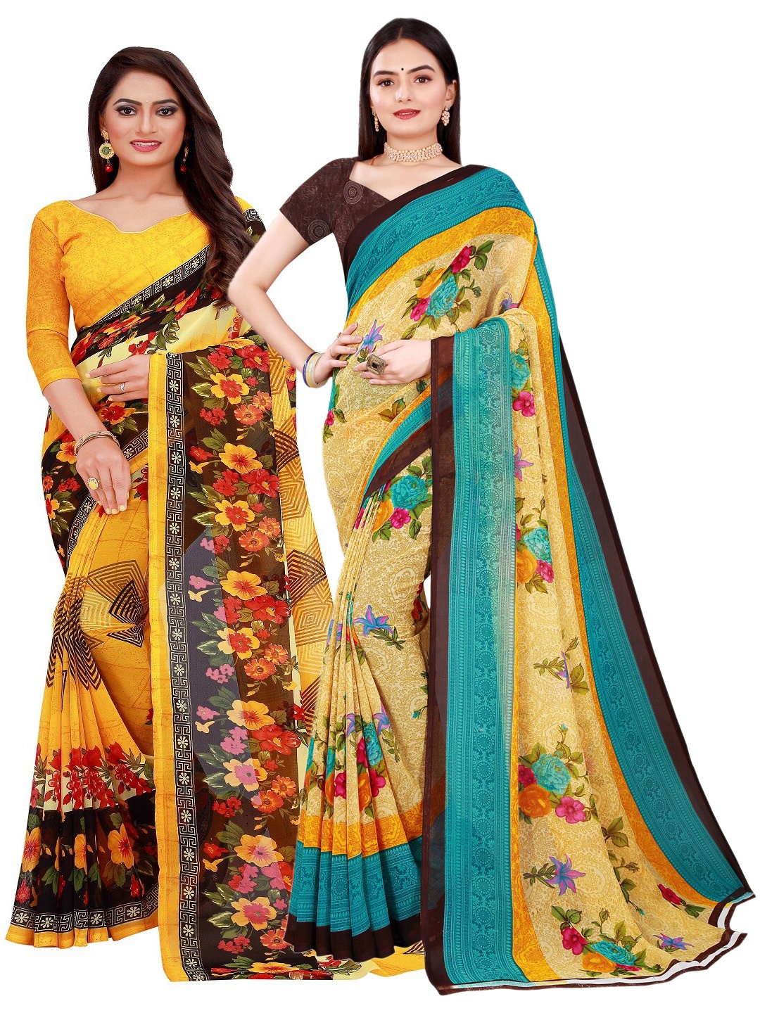 

SAADHVI Pack of 2 Printed Pure Georgette Saree, Yellow