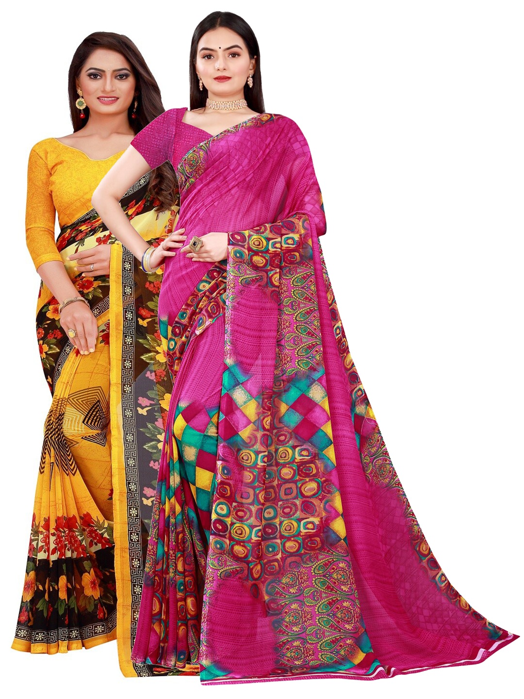 

SAADHVI Pack of 2 Printed Pure Georgette Saree, Yellow