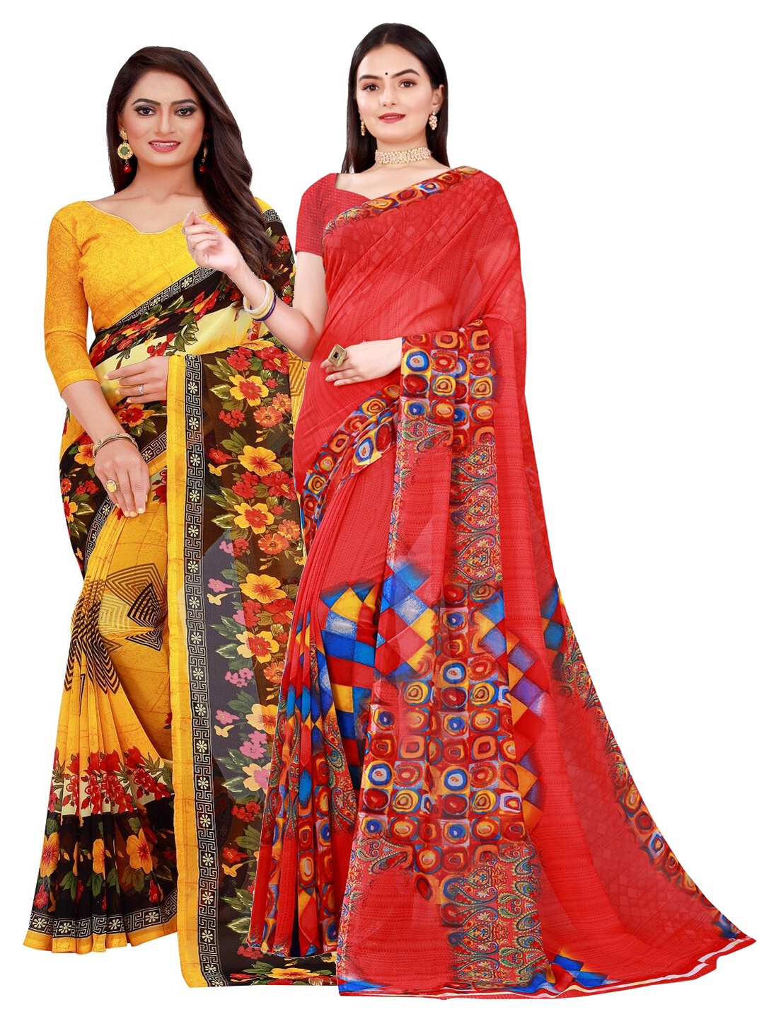 

SAADHVI Pack of 2 Yellow & Red Floral Pure Georgette Saree