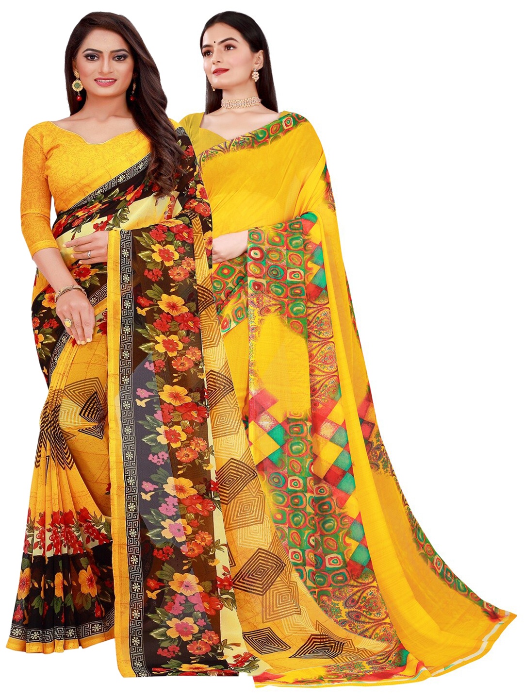 

SAADHVI Pack of 2 Printed Pure Georgette Saree, Yellow