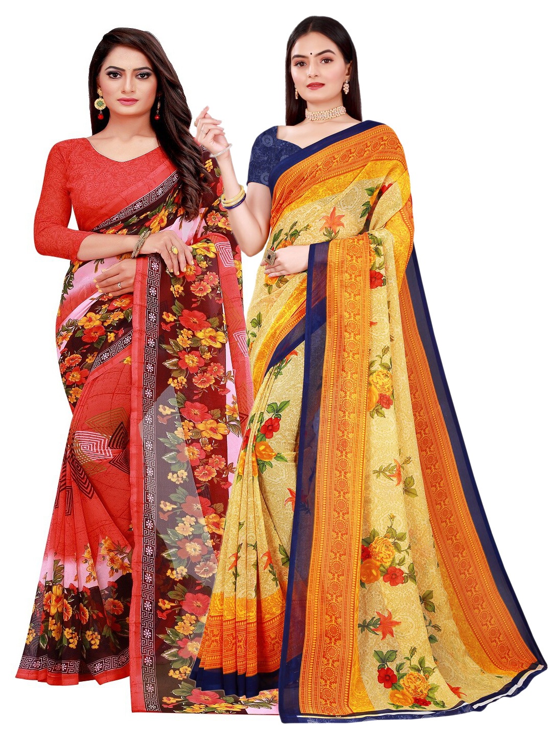 

SAADHVI Pack of 2 Peach-Coloured & Navy Blue Pure Georgette Saree