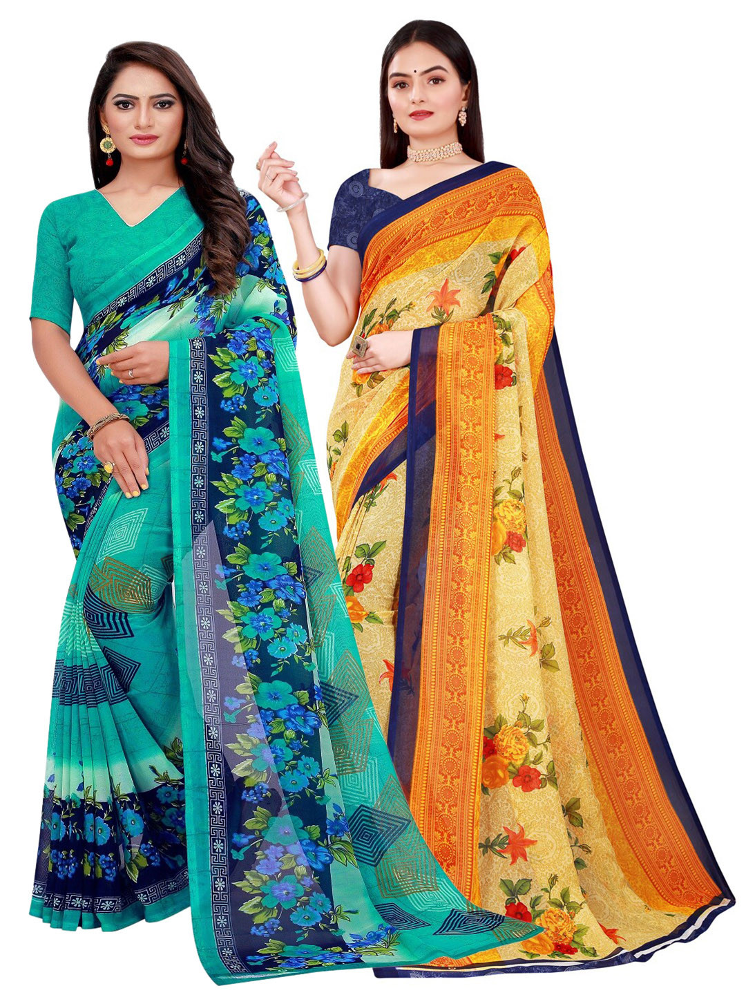 

SAADHVI Pack of 2 Green & Navy Blue Pure Georgette Saree
