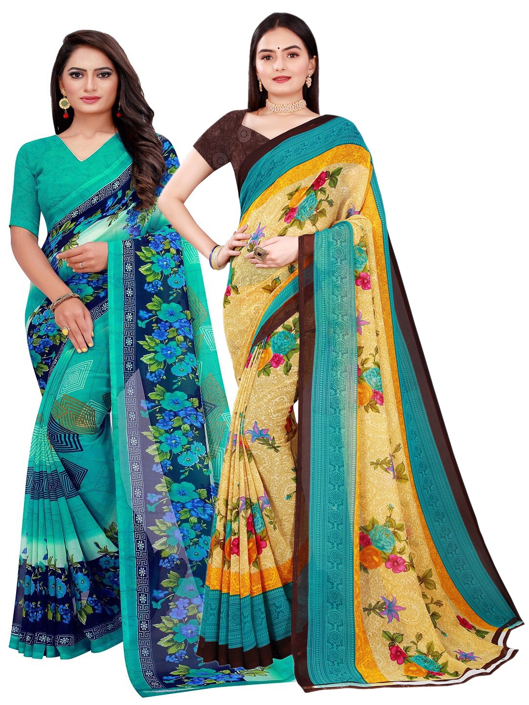 

SAADHVI Pack of 2 Printed Pure Georgette Saree, Green