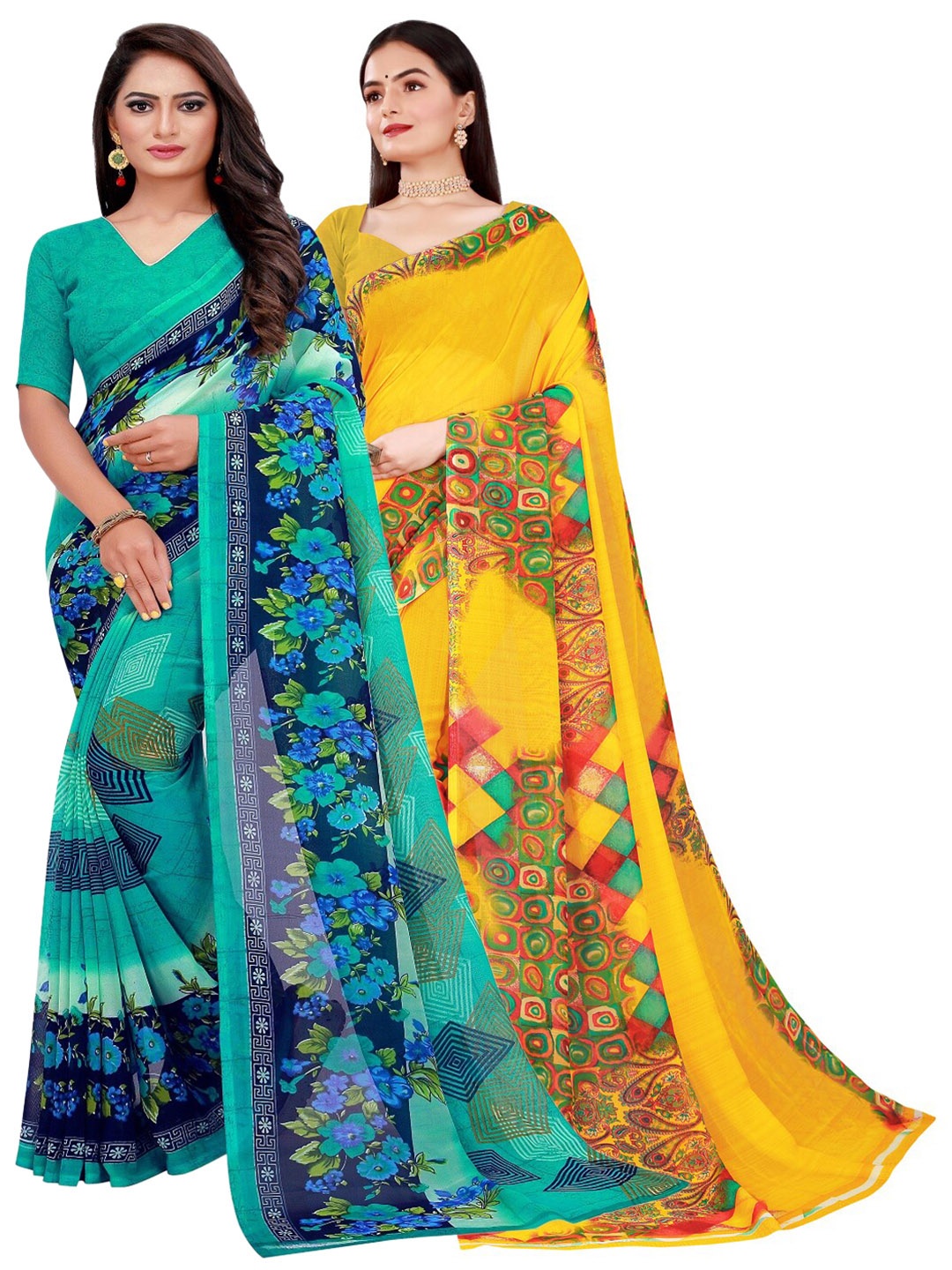 

SAADHVI Pack of 2 Green & Yellow Pure Georgette Saree