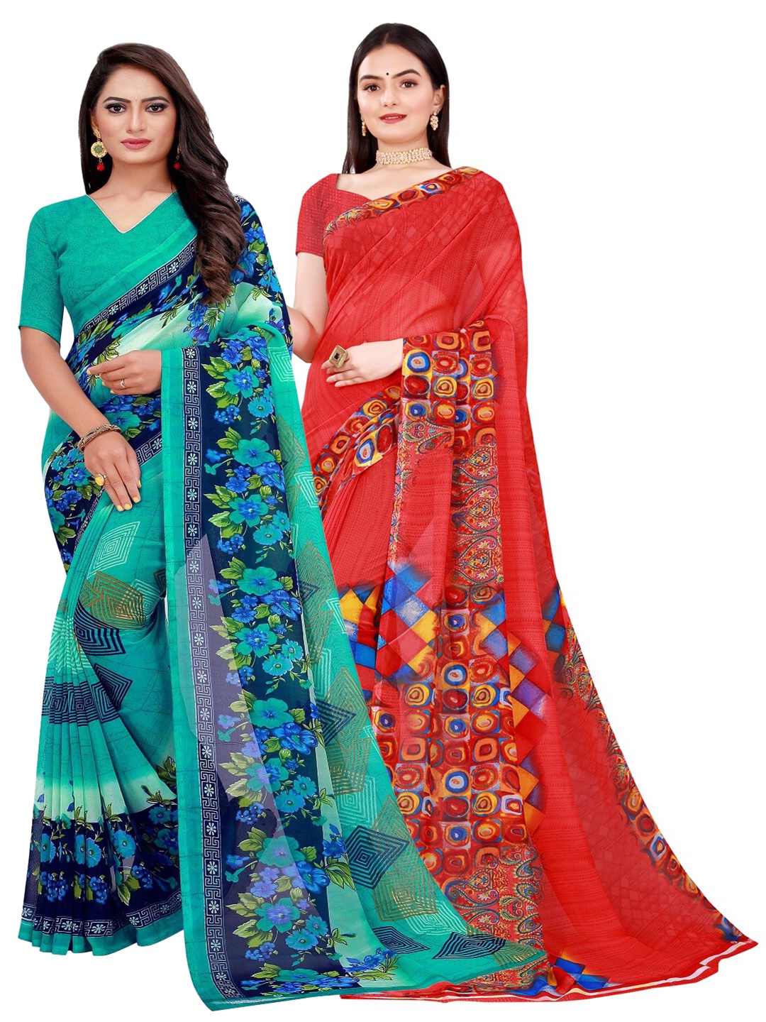 

SAADHVI Pack of 2 Green & Red Pure Georgette Saree