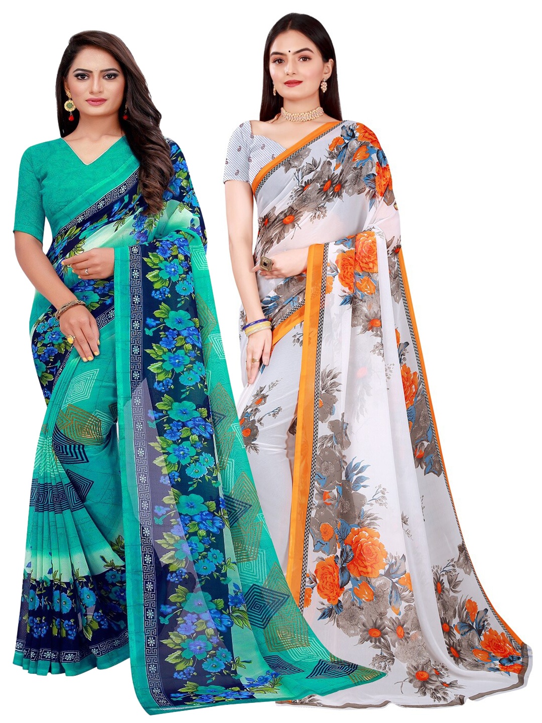 

SAADHVI Pack of 2 Printed Pure Georgette Saree, Green