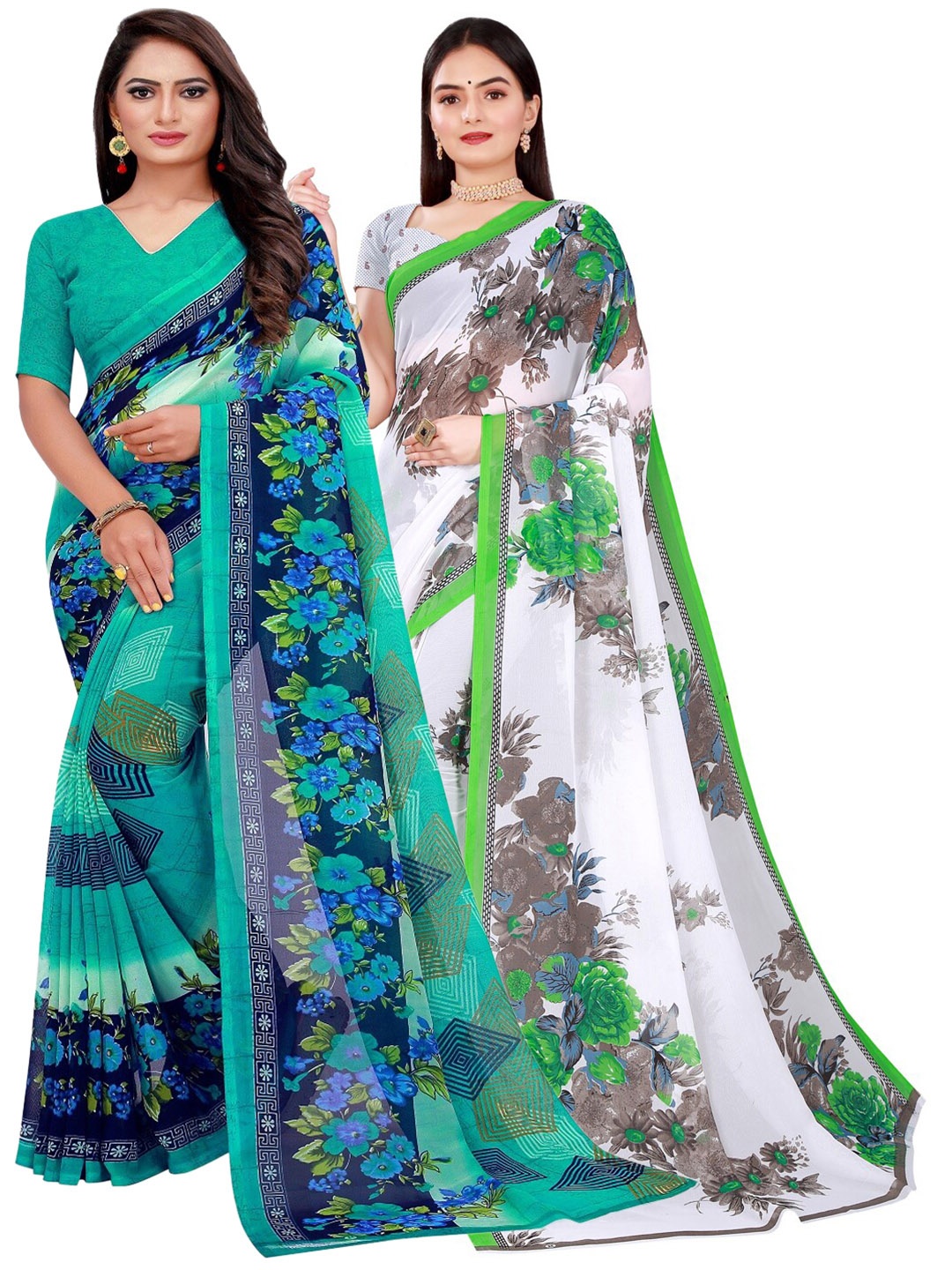 

SAADHVI Pack of 2 Green & White Pure Georgette Saree