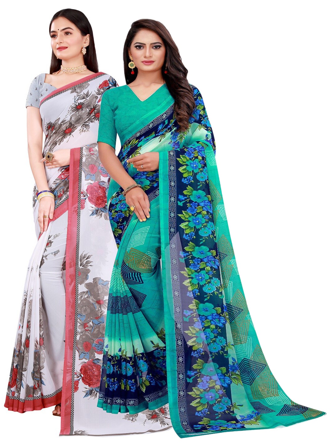 

SAADHVI Pack of 2 Printed Pure Georgette Saree, Green