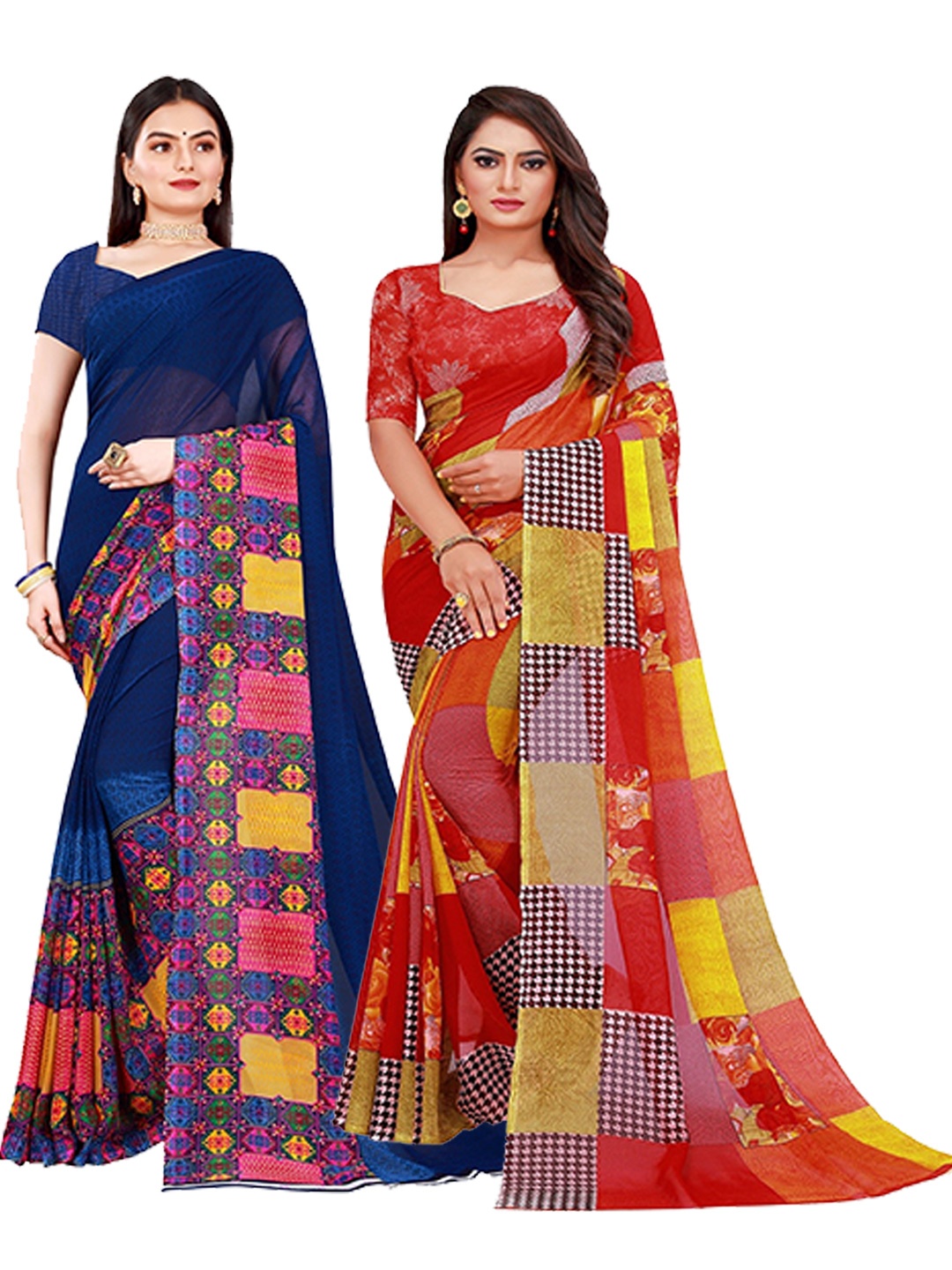 

SAADHVI Pack of 2 Red & Navy Blue Pure Georgette Saree