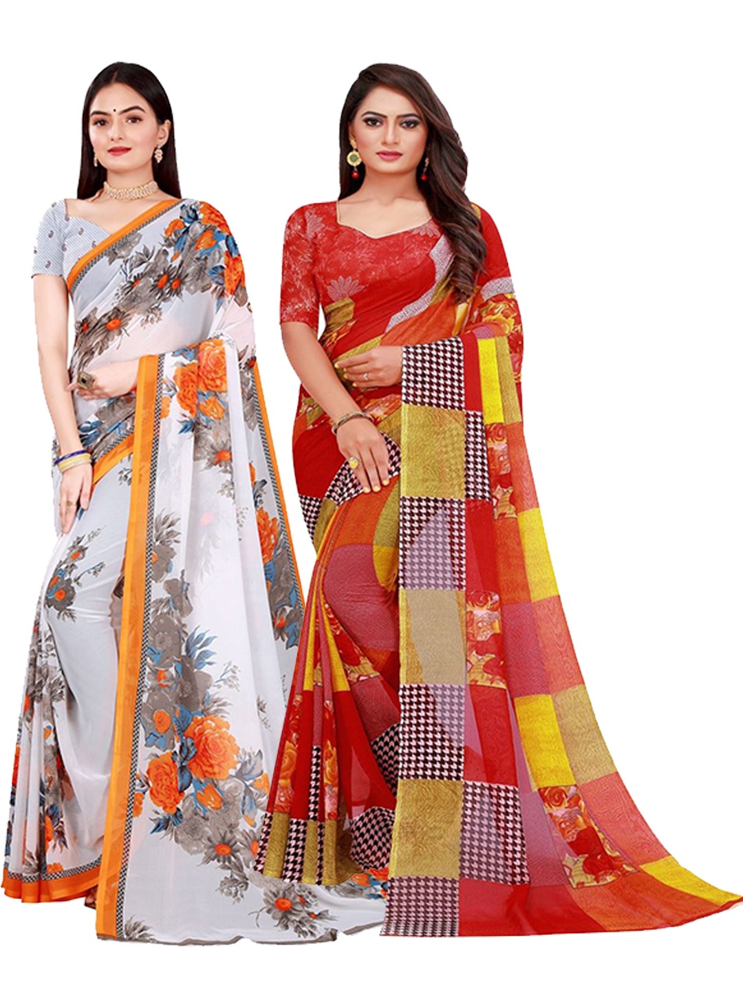 

SAADHVI Red & White Set Of 2 Floral Pure Georgette Saree