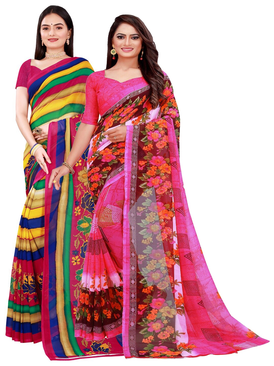 

SAADHVI Pack of 2 Pink & Yellow Pure Georgette Saree