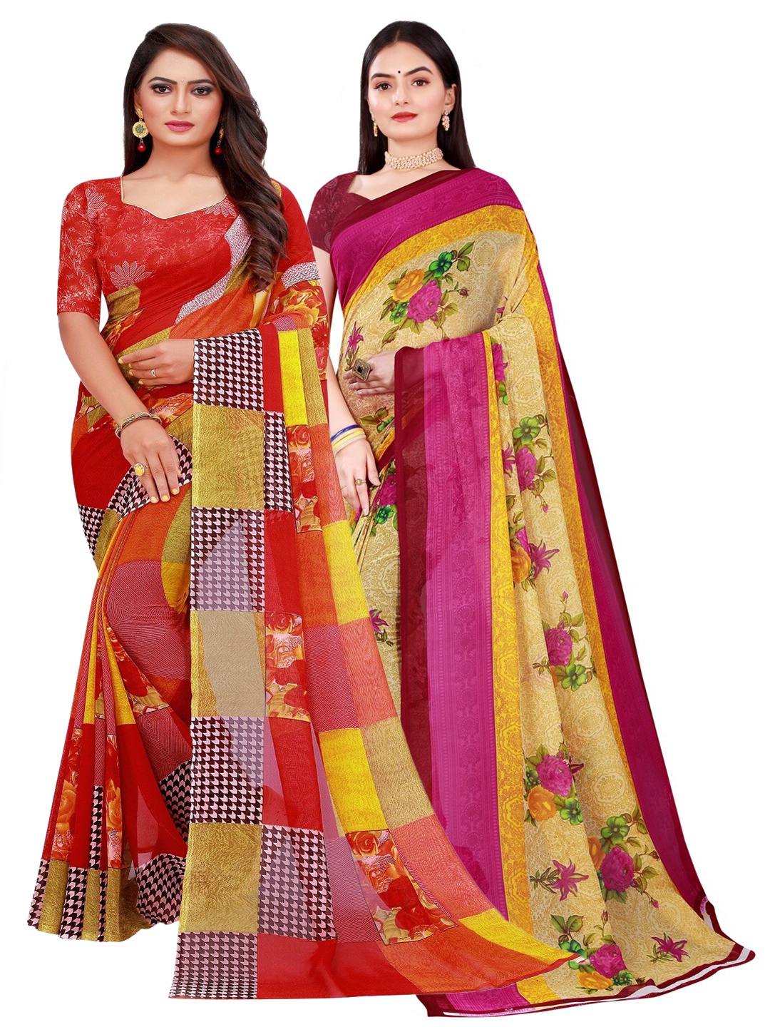 

SAADHVI Pack of 2 Printed Pure Georgette Saree, Red