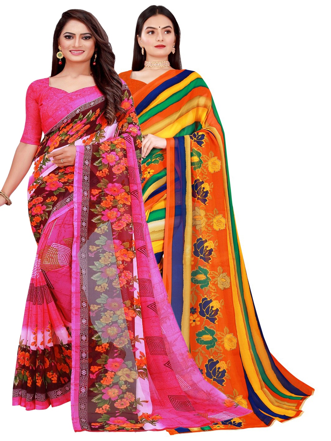 

SAADHVI Pack of 2 Pink & Orange Pure Georgette Saree