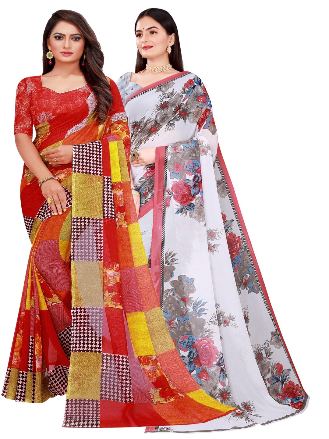 

SAADHVI Pack of 2 Printed Pure Georgette Saree, Red