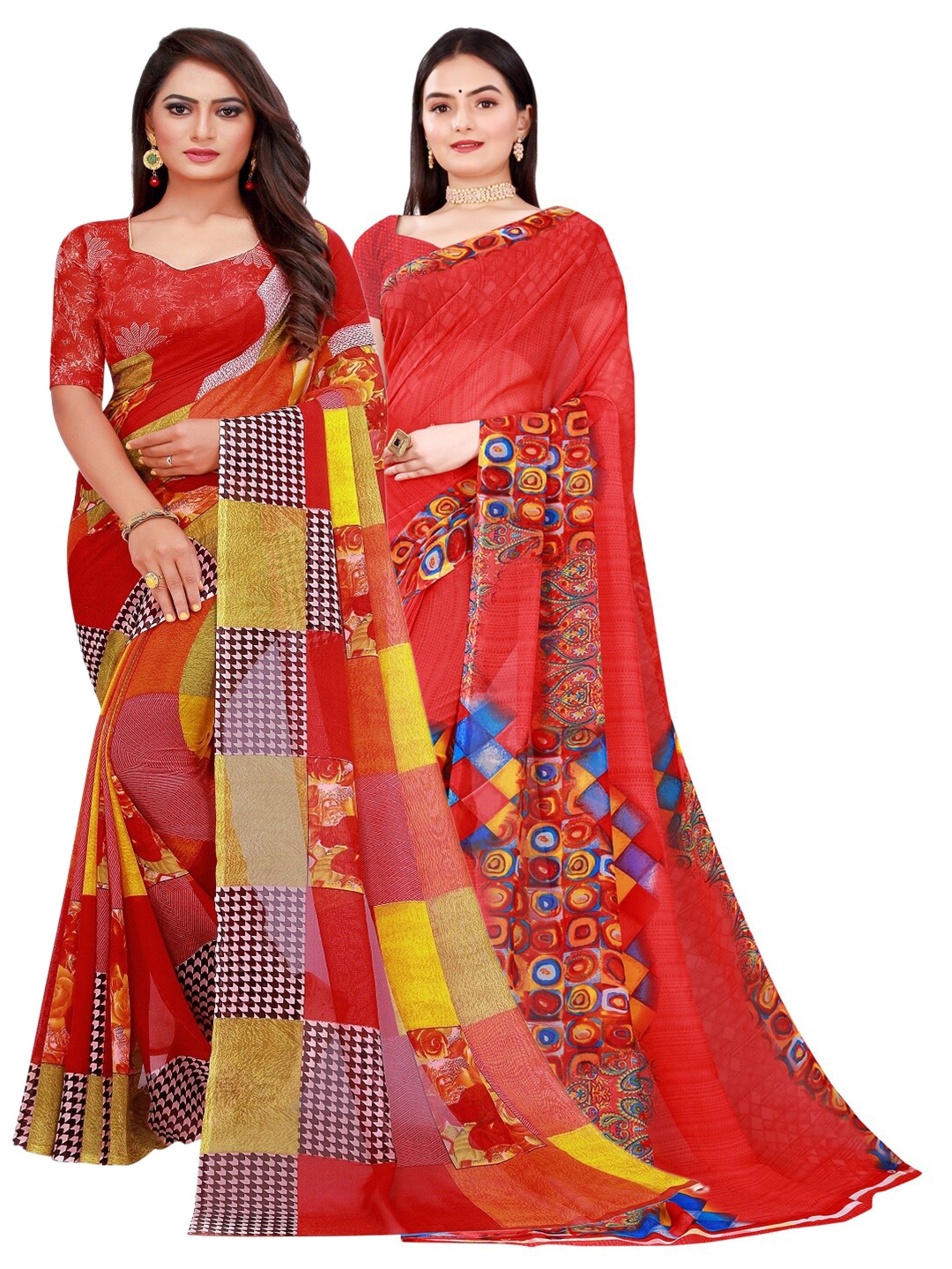 

SAADHVI Pack of 2 Red & Pink Pure Georgette Saree