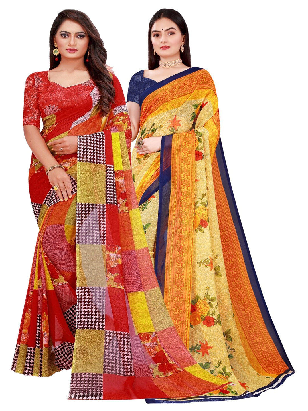 

SAADHVI Pack of 2 Red & Navy Blue Pure Georgette Saree
