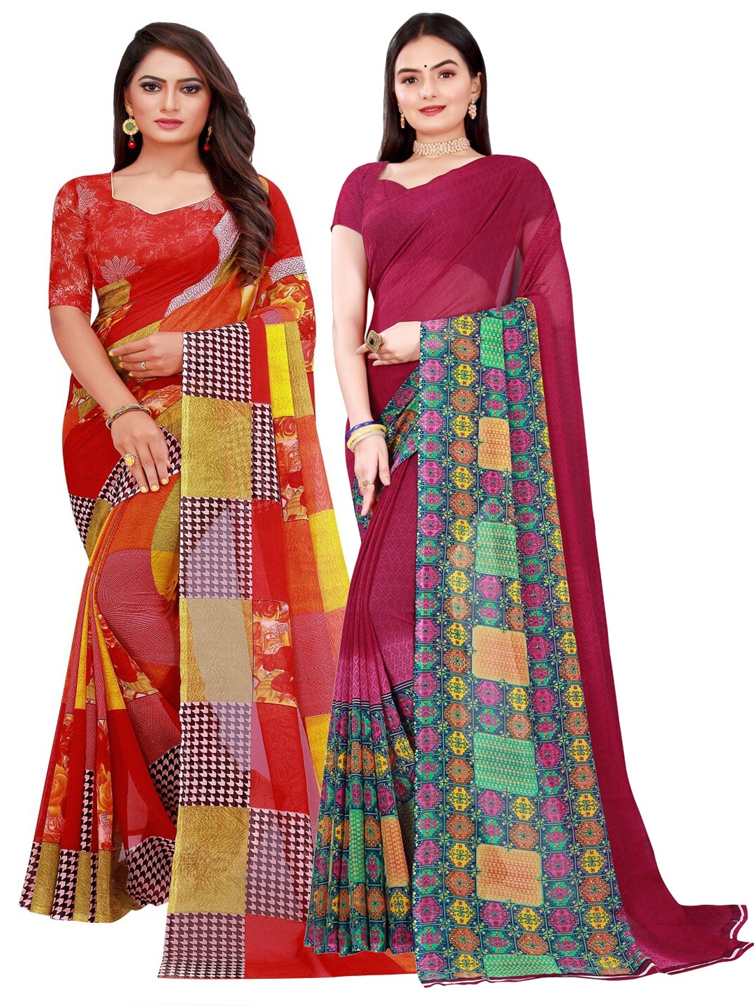 

SAADHVI Pack of 2 Printed Pure Georgette Saree, Red