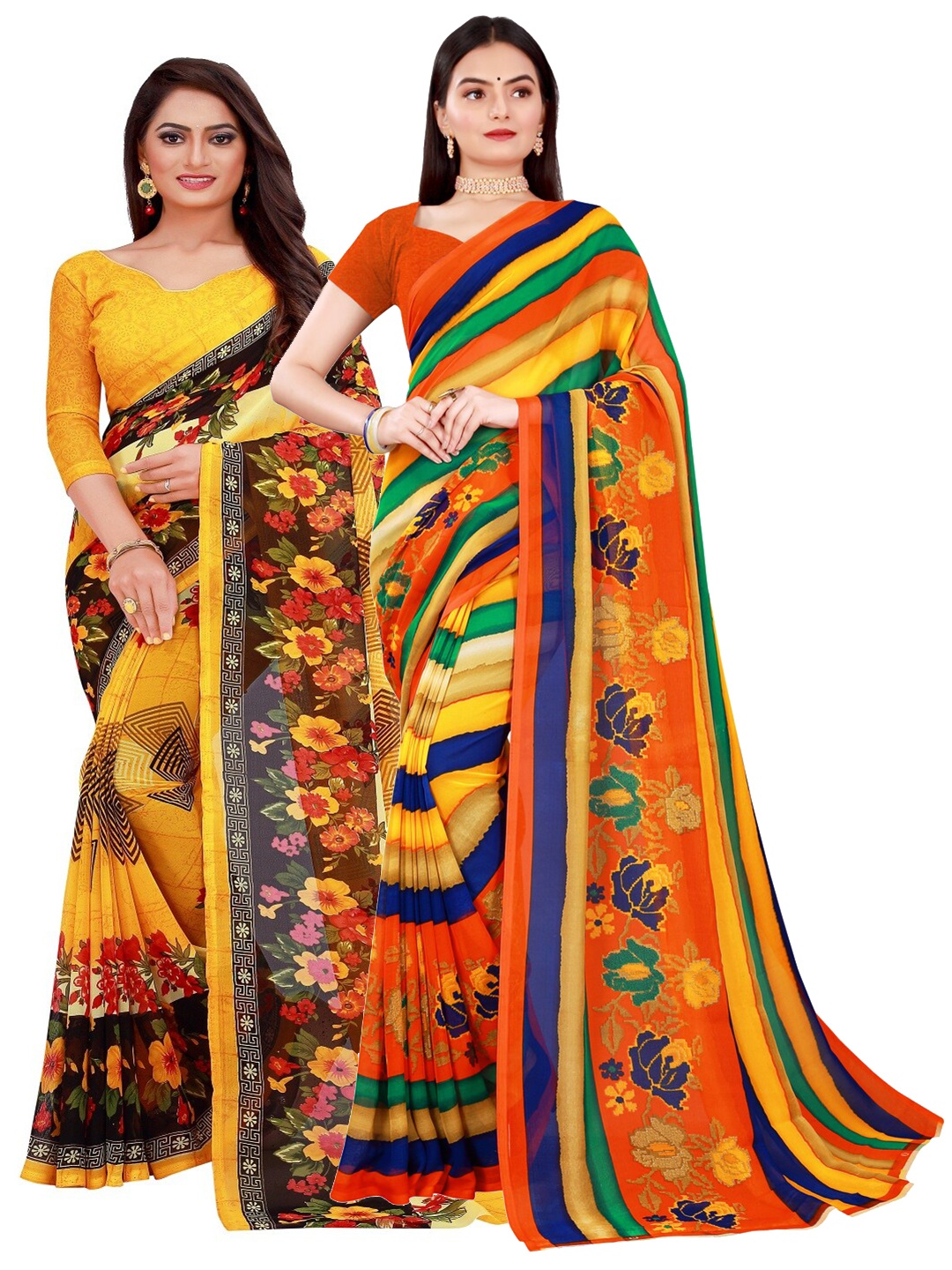 

SAADHVI Pack of 2 Printed Pure Georgette Saree, Yellow