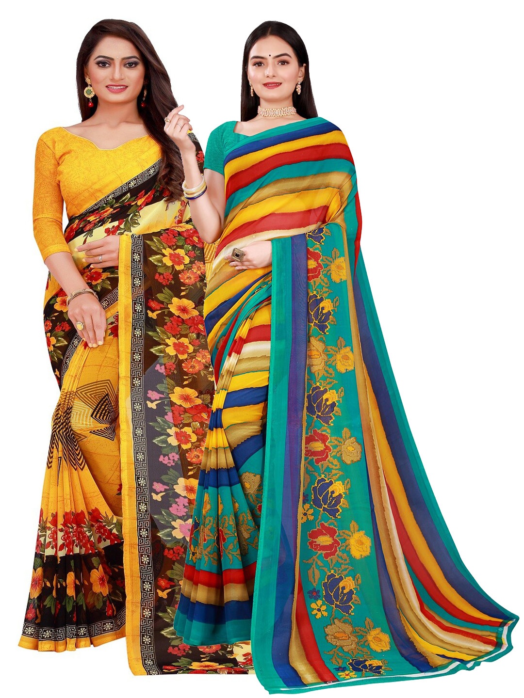 

SAADHVI Pack of 2 Yellow & Green Pure Georgette Saree