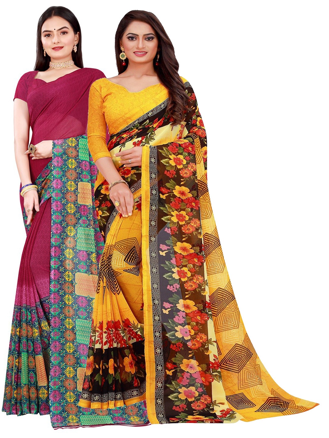 

SAADHVI Pack of 2 Printed Pure Georgette Saree, Yellow